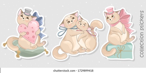 A Set of Cat stickers and icons. Vector illustrations. Printing on fabric, paper, cards, invitations.
