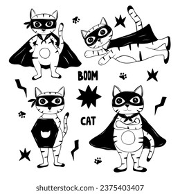 Set with cat super hero in hand drawn doodle style