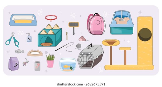 Set of cat supplies and accessories, litter box, carrier, toys, food, grooming tools, vector illustration