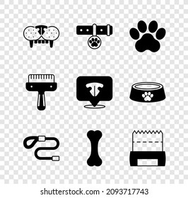 Ajuste el diente del gato, el cuello con la etiqueta de nombre, la huella de la pata, la correa del cable retráctil, el hueso del perro, la bolsa de mierda, el cepillo del pelo para el perro y el gato y el icono de la nariz. Vector