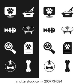 Set Cat tooth, Fish skeleton, Location veterinary hospital, litter tray with shovel, Veterinary clinic, Clinical record pet, Dog bone and collar icon. Vector