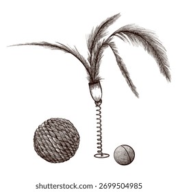A set of cat toys consisting of feathers and various balls. Vector image drawn in graphic style.