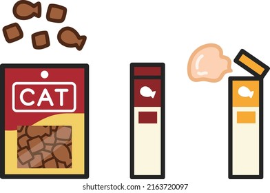 Set Of Cat Treats And Food. Vector Illustration Isolated On White Background.