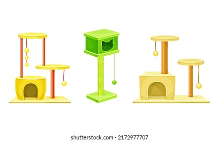 Set of cat tree house with scratching post and hanging balls. Pet supplies and accessories set cartoon vector illustration