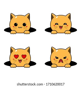 Set Of Cat Vector Design. Cute Kawai Cat Face With Different Emotions.