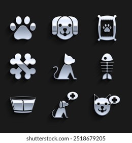 Set Cat, Veterinary clinic symbol, Fish skeleton, Protective cone collar, Crossed bones, Bag of food for dog and Paw print icon. Vector