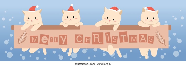 Set of cat wear santa claus hat hanging on sign text Merry Christmas with snow background. Design cute banner sign. Flat vector illustration