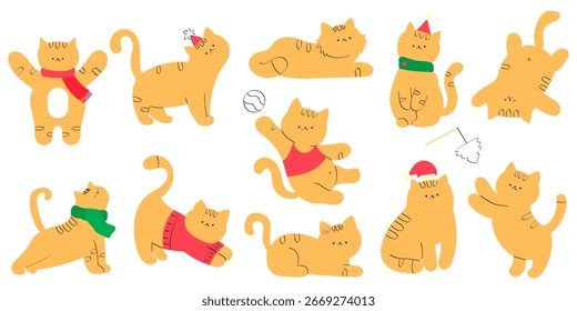 Conjunto de gato con sombrero y bufanda de Navidad, ilustración festiva de vacaciones