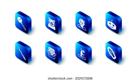 Set Cat, Zombie mask, Pumpkin, Coffin with cross, hand, Chocolate bar, Magic wand and Lollipop icon. Vector
