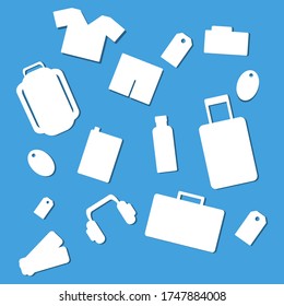 set of catchy lebels and icons on travel theme, created in flat on blue background with shadow, can be used as  an icons or stickers for products design on web, travelling concept
