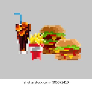 Set catchy pixel art fast food burger, fries, drink double burger, advertising cafe, bar, site, food delivery, American style, retro, hipster, food signs