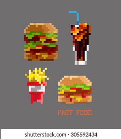 Set catchy pixel art fast food burger, fries, drink double burger, advertising cafe, bar, site, food delivery, American style, retro, hipster, food signs