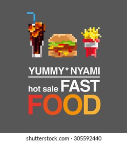 Set catchy pixel art fast food burger, fries, drink double burger, advertising cafe, bar, site, food delivery, American style, retro, hipster, food signs with message Hot sale