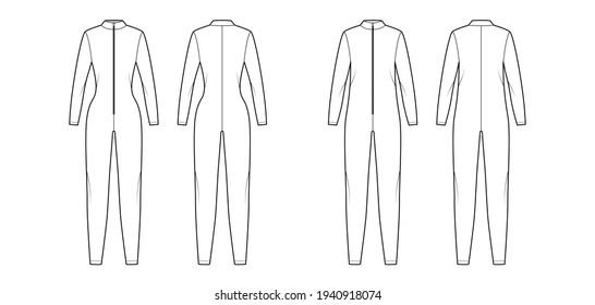 Set of Catcuits Dungarees overall technical fashion illustration with full length, zipper closure, oversized fitted body, long sleeves. Flat front back, white color style. Women, men unisex CAD mockup