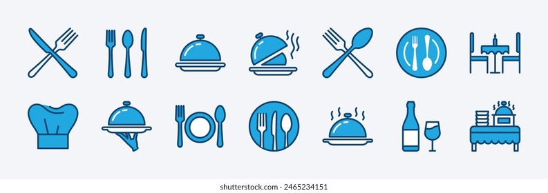 Set of catering icon. Containing fork, spoon, knife, plate, cloche, tray, chef hat, beverage, food, dining table, and waiter. Cutlery or tableware in restaurant, kitchen. Vector illustration