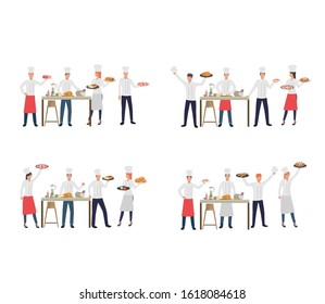 Set of catering service professional serving meals. Flat vector illustrations of chefs cooking for clients. Restaurant and cafe staff, catering concept for banner, website design or landing web page