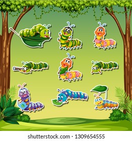 Set of caterpillar sticker on forest background illustration