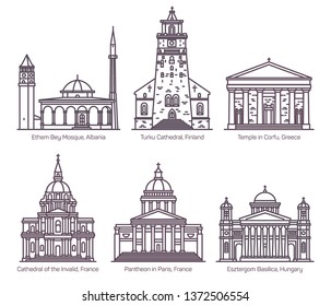 Set of cathedral, church, basilica,mosque in line