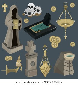 A set for Catholic and Christian churches. Sculpture with a Bible in his hands. The altar, the center. Attributes of the church. Gold coins. Tombstones. Vector illustration for the game. Gold.