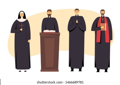 Set of Catholic Christian Staff, Priest Man and Nun Woman in Uniform Holding Cross, Bible and Gospel, Bless Parishioners. Religion, People Serving to God, Catholicism, Cartoon Flat Vector Illustration