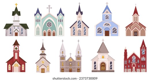 Set Of Catholic Churches, Featuring Stunning Architectural Diversity, Intricate Stained Glass Windows, And Peaks Capturing The Essence Of Spiritual Beauty And Tradition. Cartoon Vector Illustration