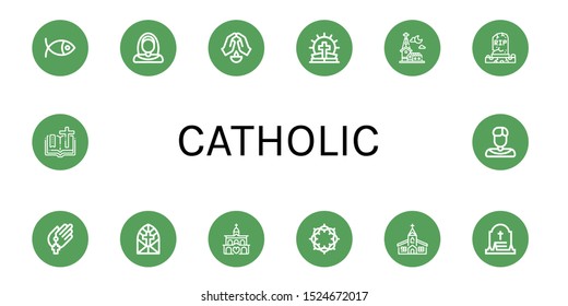 Set of catholic icons. Such as Christianity, Nun, Prayer, Bible, Church, Grave, Stained glass window, Crown of thorns, Priest , catholic icons