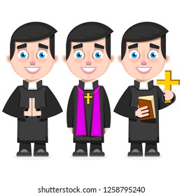 set of Catholic priest in cartoon style vector illustration on white background