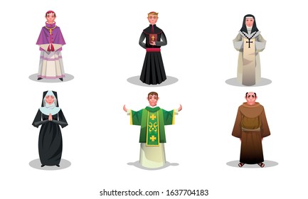 Set of catholic priests, monks and nuns characters vector illustration