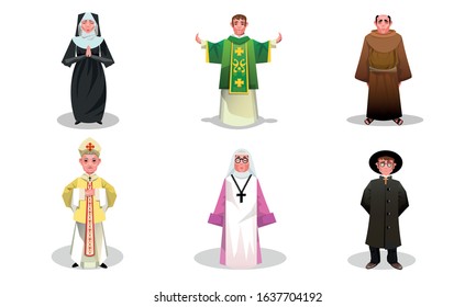 Set of catholic priests, monks and nuns people vector illustration