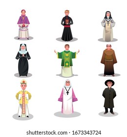 Set of catholic priests, monks and nuns vector illustration