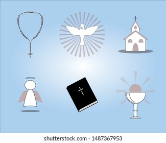 Set of Catholic Symbols Vector - rosary, holy spirit, church, angel, bible and eucharist