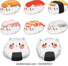 Set of cat-onigiri and cat-sushi.