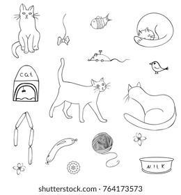set of cats and accessories. Black and white silhouette isolated. Vector illustration.