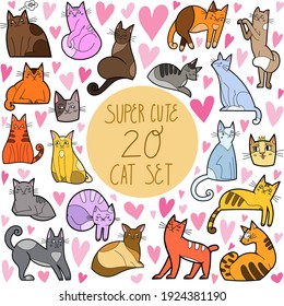 Set with cats. Animals, pets. Design elements, illustrations for children. Cute cartoon style. On white background. Scandinavian style. Clipart. Bright colours. Isolated. Slip-art, stickers.