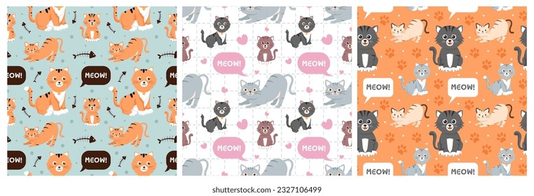 Set of Cats Animals Seamless Pattern Design with Cat Element in Template Hand Drawn Cartoon Flat Illustration