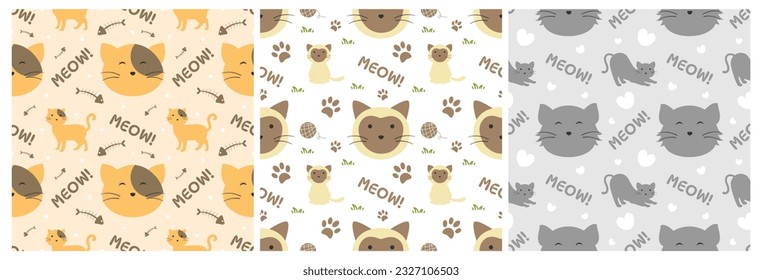 Set of Cats Animals Seamless Pattern Design with Cat Element in Template Hand Drawn Cartoon Flat Illustration
