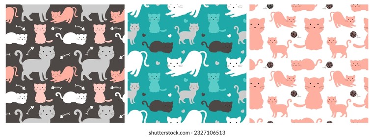 Set of Cats Animals Seamless Pattern Design with Cat Element in Template Hand Drawn Cartoon Flat Illustration
