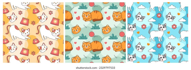 Set of Cats Animals Seamless Pattern Design with Cat Element in Template Hand Drawn Cartoon Flat Illustration