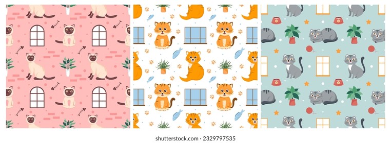 Set of Cats Animals Seamless Pattern Design with Cat Element in Template Hand Drawn Cartoon Flat Illustration