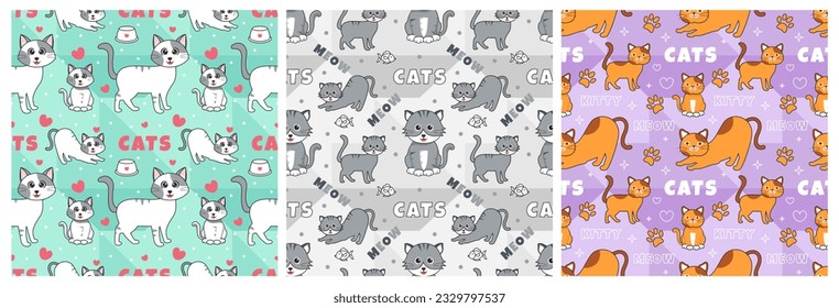 Set of Cats Animals Seamless Pattern Design with Cat Element in Template Hand Drawn Cartoon Flat Illustration