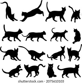 set of cats black silhouette vector, isolated