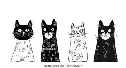 Set of cats in black and white cartoon style, doodle style, hand-drawn, on a white background