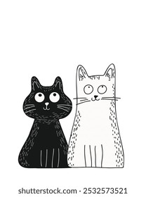 Set of cats in black and white graphic style, doodle style, hand-drawn, on a white background