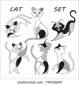 Set with cats - black, white and gray colors. Elements to create design patterns, ornament, backgrounds, wallpaper, textiles.
