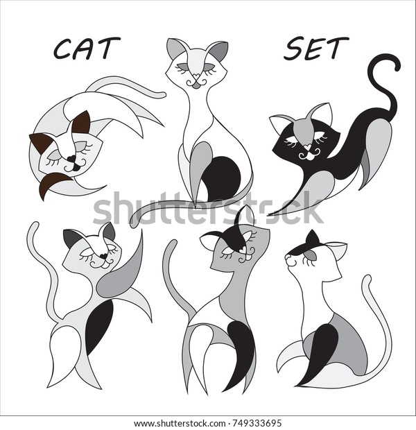 Set Cats Black White Gray Colors Animals Wildlife Abstract