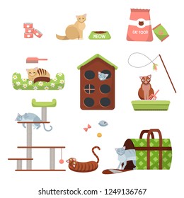 Set of cats care stuff: scratching post, house, bed, food , toilet, slipper, carrier and toys with 7 cats.Pet shop cat accessories.Set of items for the care of kittens.Flat cartoon vector illustration