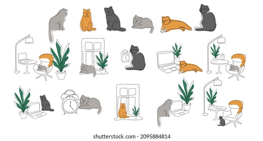 Set of cats. The cat on the armchair. Lies near the laptop. Sitting on the windowsill next to a flower pot, a cat with an alarm clock. Pet. Linear style. Hand-drawn. Doodle. Flat vector illustration.