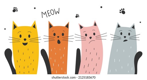Conjunto de gatos. Colección de animales que dicen yo. Diseño elegante para tarjetas de invitación y de bienvenida. Personajes para niños, imagen para imprimir en ropa para niños. Dibujo vectorial plano de dibujos animados
