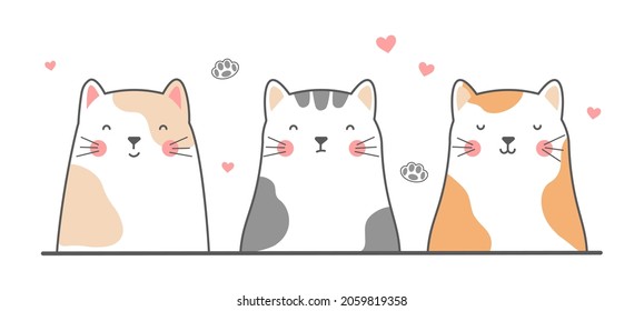 Set of cats. Cute animals, drawings by hand. Graphic elements for printing on fabric. Minimalistic images, posters, banners, stickers. Cartoon flat vector illustration isolated on white background