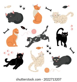 A set of cats of different breeds on a white background with bones, fish and a ball of thread. Vector illustration. Animals, wallpaper, print.